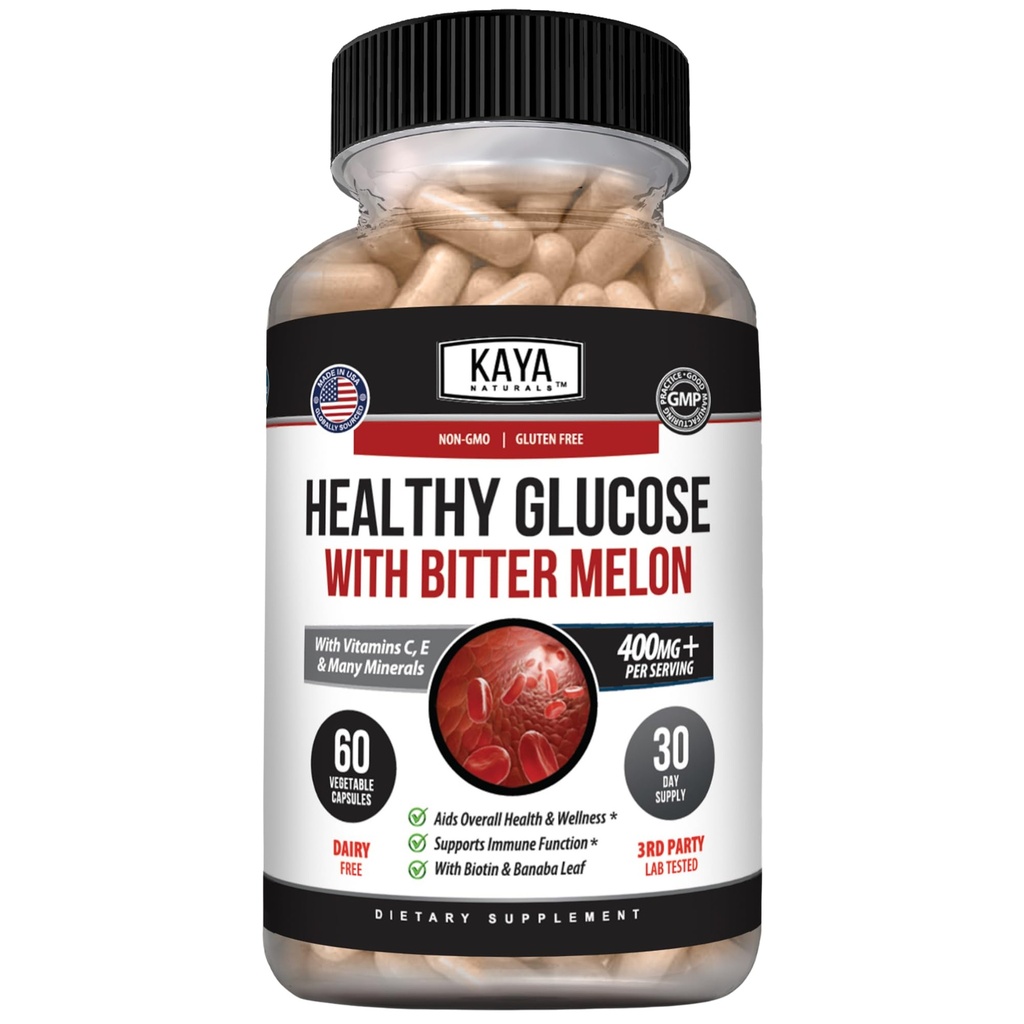 Kaya Naturals Zdrowy Gluco z suplementem Bittermelon 124; Wsparcie Zdrowych poziomów i funkcji, 20 Herbs Witaminy i minerały, Alpha Lipoic Acide, Cynamon, Witamina C & E, Non-GMO (60 Count)