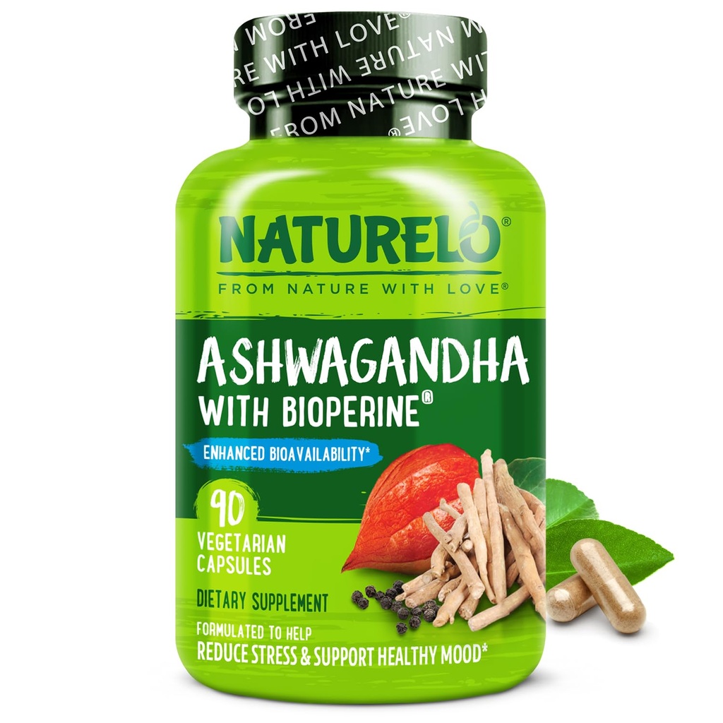 NATURELO Ashwagandha organiczny proszek korzeniowy - Natural Herbs Supplement for Fatigue, Stress Relief, Mood Enhancer - z Black Pepper Extract - 90 Kapsułki wegańskie