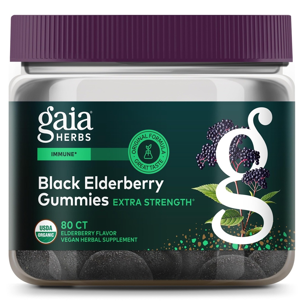 Gaia Herbs Black Elderberry (Sambucus Nigra) Dodatkowa siła Gummies - Pyszny suplement wsparcia immunologicznego - Made with Certified Organic Black Elderberry for Immune System Support - 80 Gummies