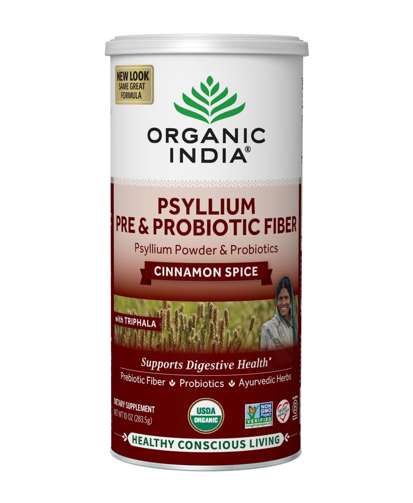 ORGANIC INDIA Proszek z pyłku - Pre & Probiotic Fiber Supplement, Organic Pzyllium Husk Fiber Suplement z całym pylium Husk, USDA Certified Organic, Wegan, Gluten Free - Cynamon, 10 Oz