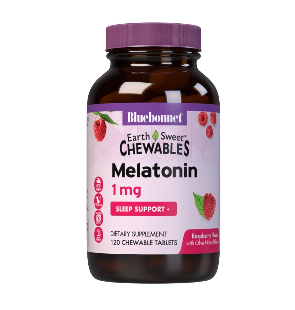 Bluebonnet Nutrition EarthSweet Melatonina 1 mg Szybkie szybkie rozpuszczanie relaksacji nocnej i Resteful Sleep Support - Pomoc na sen - Bez glutenu, Wegan - Malina Flavor - 120 Tabletki do żucia