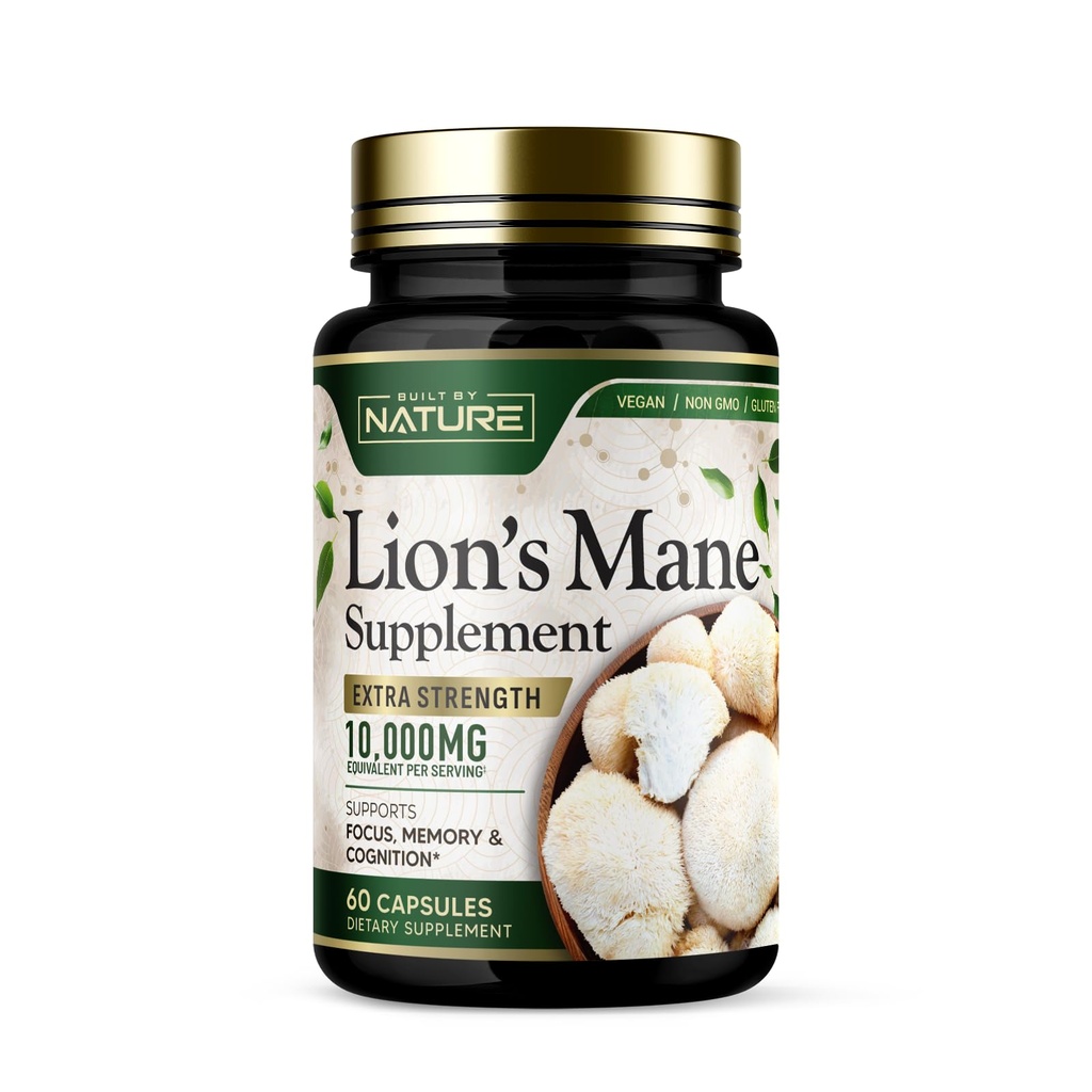 Wybudowany przez Nature Lion 's Mane 10,000mg - Dodatkowa siła Mushroom Supplement for Nootropic Brain Support - Focus, Memory and Cognitive Function - Non-GMO, Gluten- Free, Vegan - 60 kapsułki