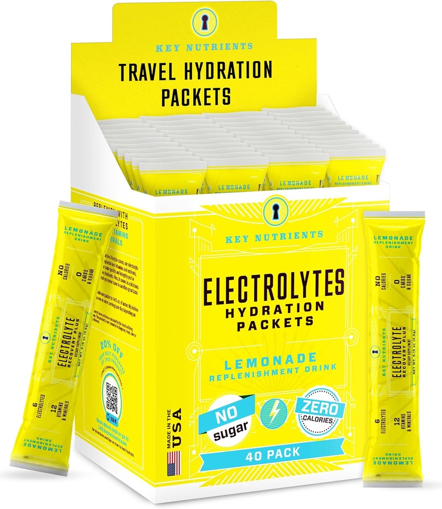 KLUCZOWE NUTRIENTY Multiwitamina Electrolytes Hydration Pakiety - Odświeżanie Lemonade Post Workout i Recovery 40 Pack - No Sugar, No Calories - Podróże Hydration Proszek
