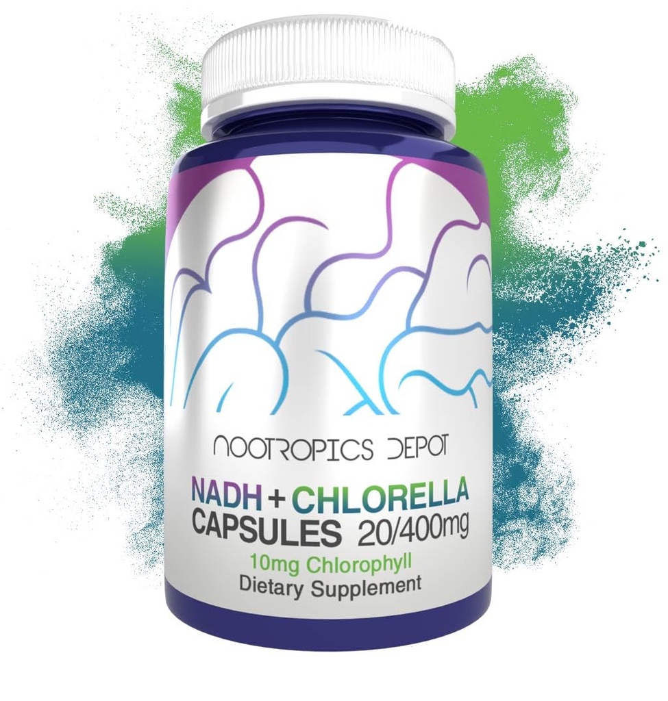 Nootropics Depot NADH + Chlorella vulgaris (Broken Cell) 400mg Capsules | Nicotinamide Adenine Dinucleotide 20mg | Chlorophyll 10mg | Energy, Alertness, Mental Clarity & Healthy Aging, 30 Count