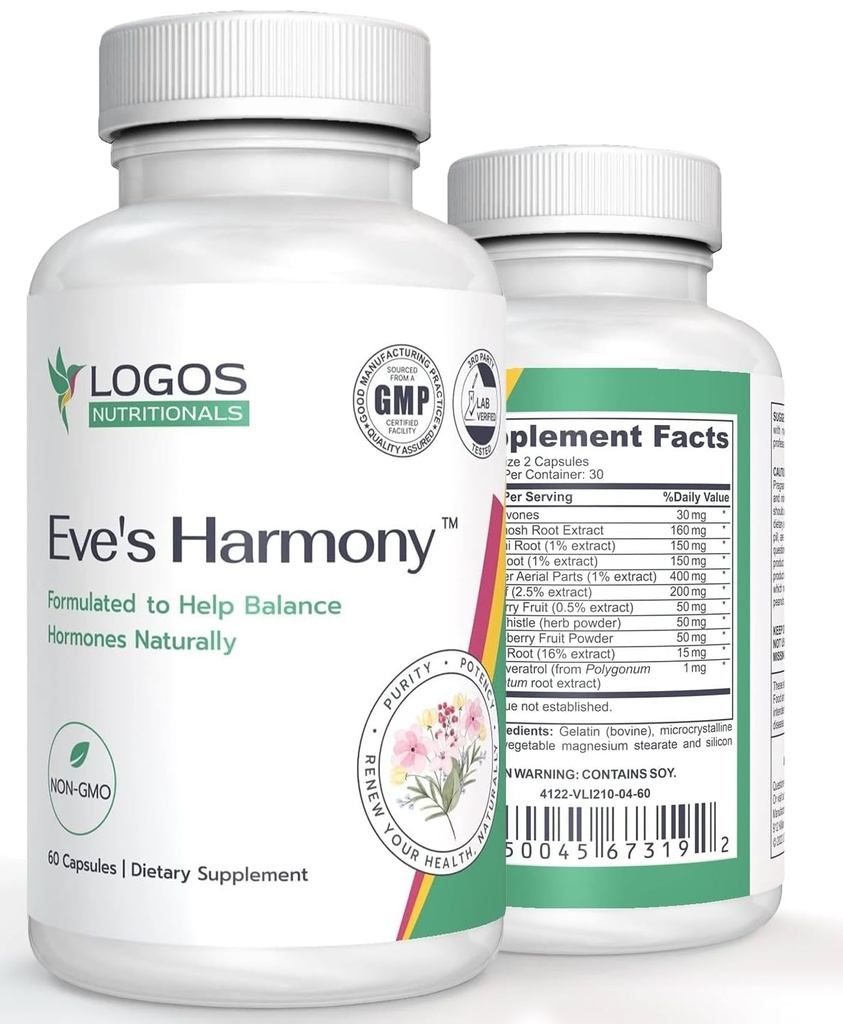 Suplement do menopauzy Harmony Eve, wsparcie hormonalne dla kobiet z sojowymi Isoflavones, Black Cohosh & Red Raspberry, Non-GMO Natural PMS & Menopauzalne wsparcie objawowe, 60 Kapsułki