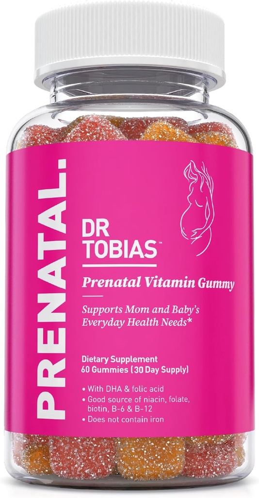 Dr Tobias Prenatal witaminy Gumy, Bezżelazne Witaminy prenatalne z DHA i kwasu foliowego, Niacyna, Biotin, B6, & B12, Obejmuje olej rybny, dla wsparcia przed- i poporodowego, 60 Gummies, 30 Służenia