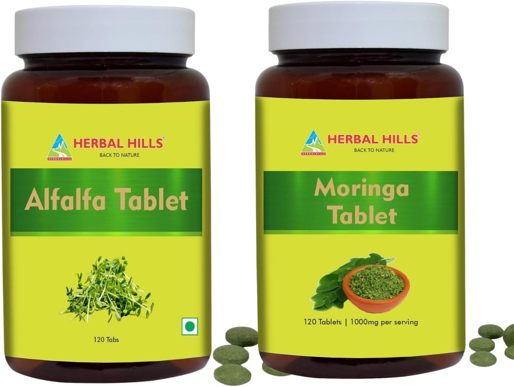HERBAL HILLS Alfalfa Tablet i Moringa Leaf Tablet Pack of 2 Combo