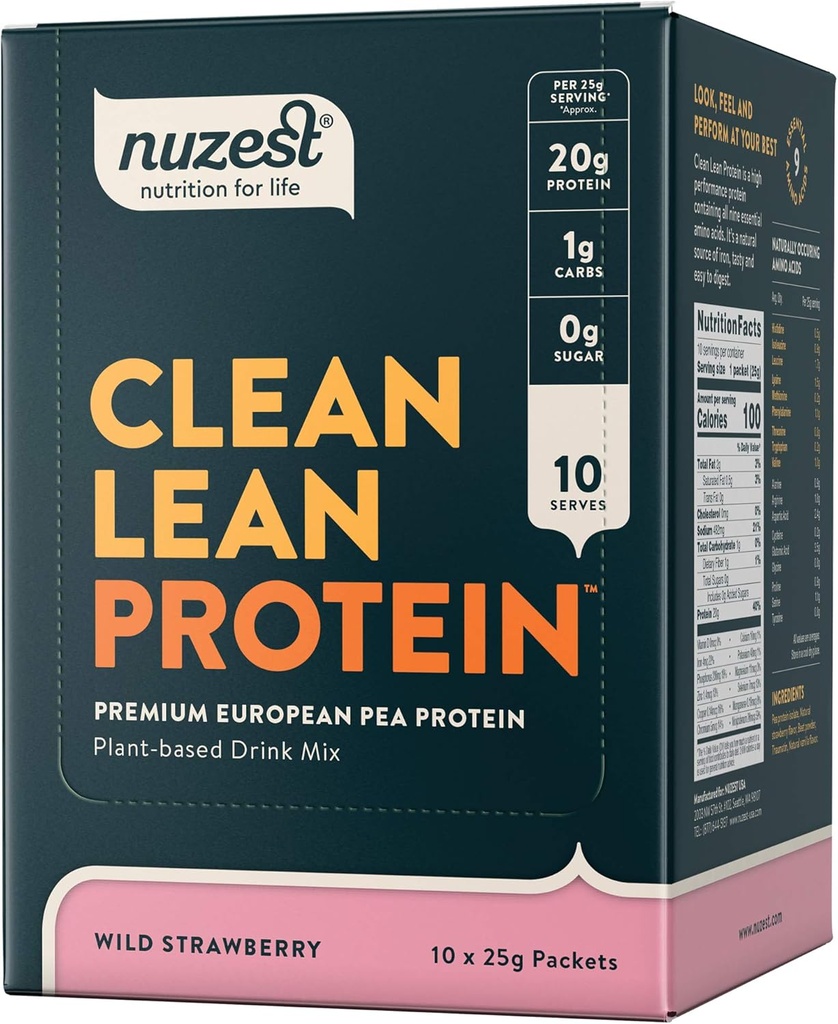 Nuzest - Proszek z protein grochowych - Białko o czystej barwie, Proszek z protein roślinnych Premium, Bezmleczny, Bez glutenu, Bez GMO, Wstrząs proteinowy, Wild Truskawka, 0,9 oz, (Opakowanie po 10)