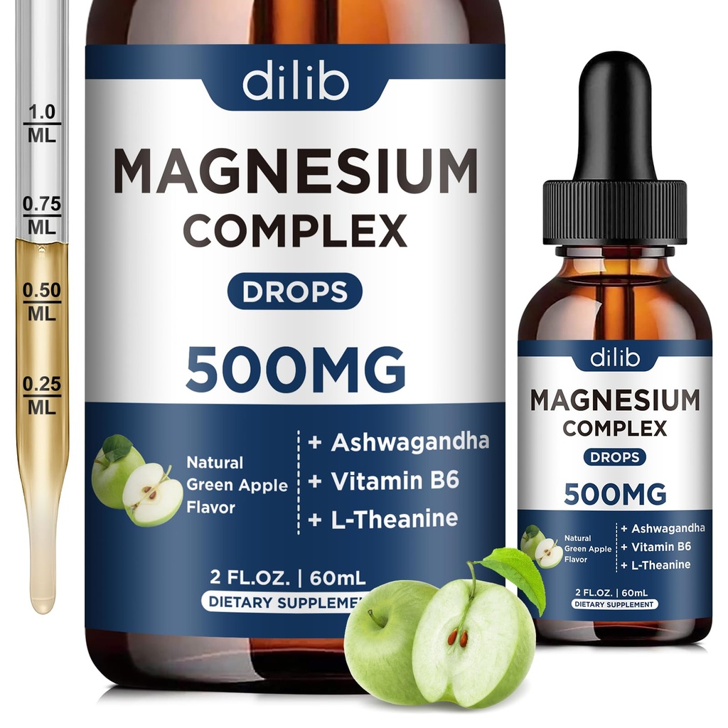 Triple Magnezu Complex Supplement- Magnezu Glicynian, Cytrate, Płyn jabłkowy 500 mg z Ashwagandha, L- Theanine, B6 dla uspokojenia, Stress Relief, Sleep, Wsparcie dla mięśni - Green Apple Flavor