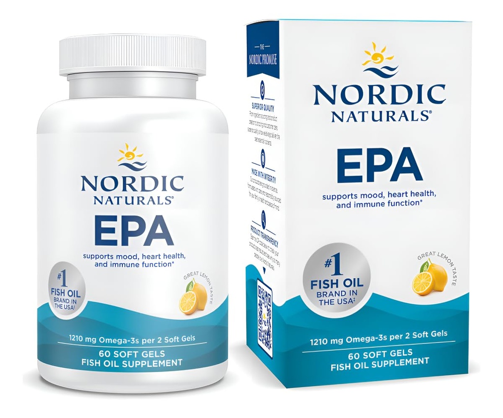 Nordic Naturals EPA, Lemon - 60 Soft żele - 1210 mg Omega-3 - Wysoka Intensywność EPA Formuła dla pozytywnych nastrojów, Heart Health & Healthy Immunity - 30 Służenia