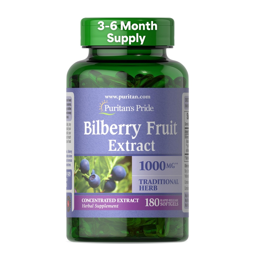 Pride Premium Bilberry Fruit Extract 250 mg (odpowiednik 1000mg), 4: 1 Skoncentrowany suplement ziołowy, Witamina C, 3 do 6 miesięcy dostaw, 180 Softgels szybkiego uwalniania (Opakowania maja Vary)