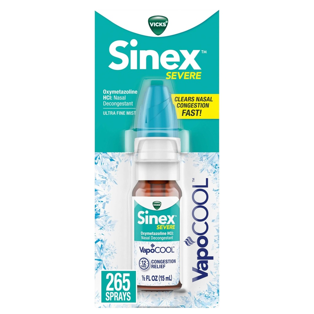 Vicks Sinex SEVERE Nasal Spray z VapoCOOL, Soothing Vicks Vapors, Decongestant Medicine, Ulgi od Stuffy Nose ze względu na zimno lub alergię, & Przekrwienie nosa, Sinus Pressure Relief, 265 Sprays