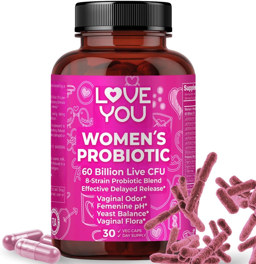 Love You Womens Probiotic, Ph Balance, Ut, Feminine, suplement zdrowia waginalnego, Digestive, Pre + Pro + Postbiotic, Opóźnione uwolnienie, 60 Miliard na żywo CFU, 8- Szczeliny Probiotic Mieszanka, 30 Veg Caps Servings