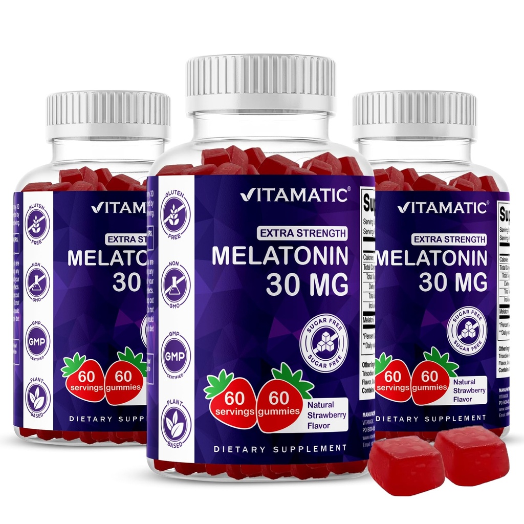 Witamatic Sugar Free Melatonin 30mg per Gummy - 60 Służenia - 60 Gummies wegetariańskie - Non-Habit Forming Supplement (60 Count (Pack of 3))