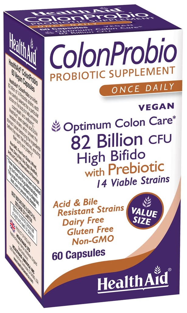 HealthAid ColonProbio 82 Miliard z Prebiotykiem, 14 Szczepów, Raz Daily, 60ct, Optimum Colon Care, Acid & Bile Resistant, Dairy Free, Gluten Free, Non-GMO, High Bifido