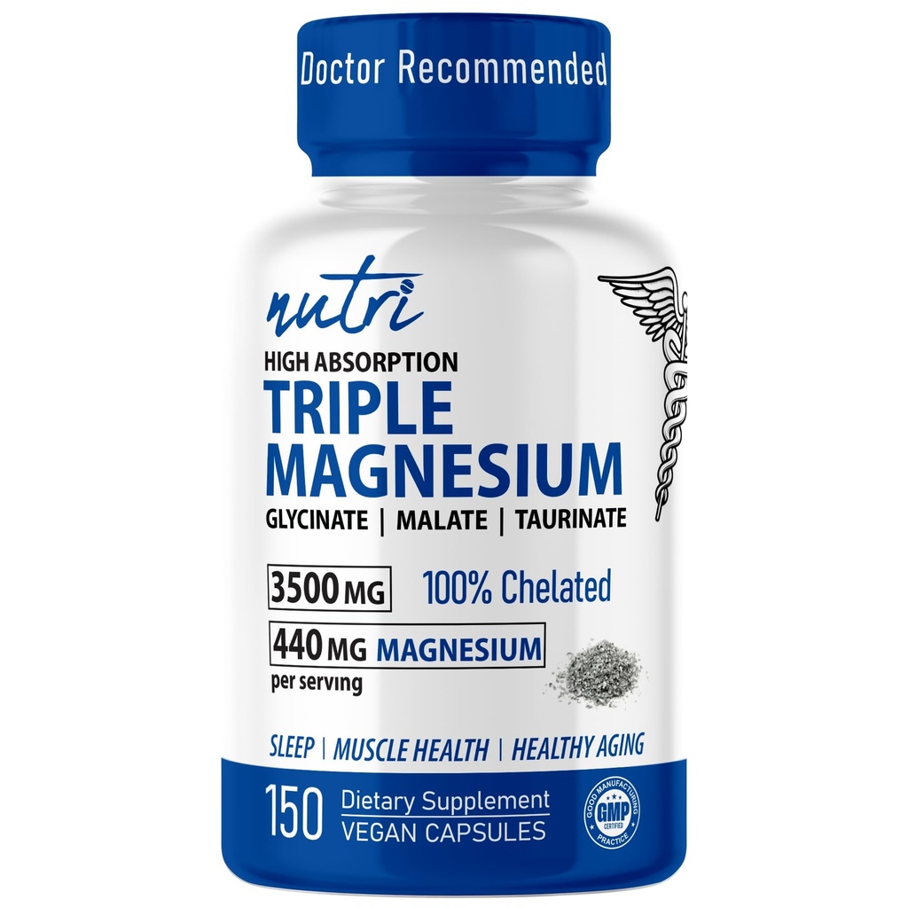 Nutri Triple Magnezu Complex 440mg - Magnezu Glycinate, Malate, & Taurinate - 100% Chelated for Maximum Absorption - 120 Vegan Capsules - Triple Complex Magnezu - Magnesio Triple Complex