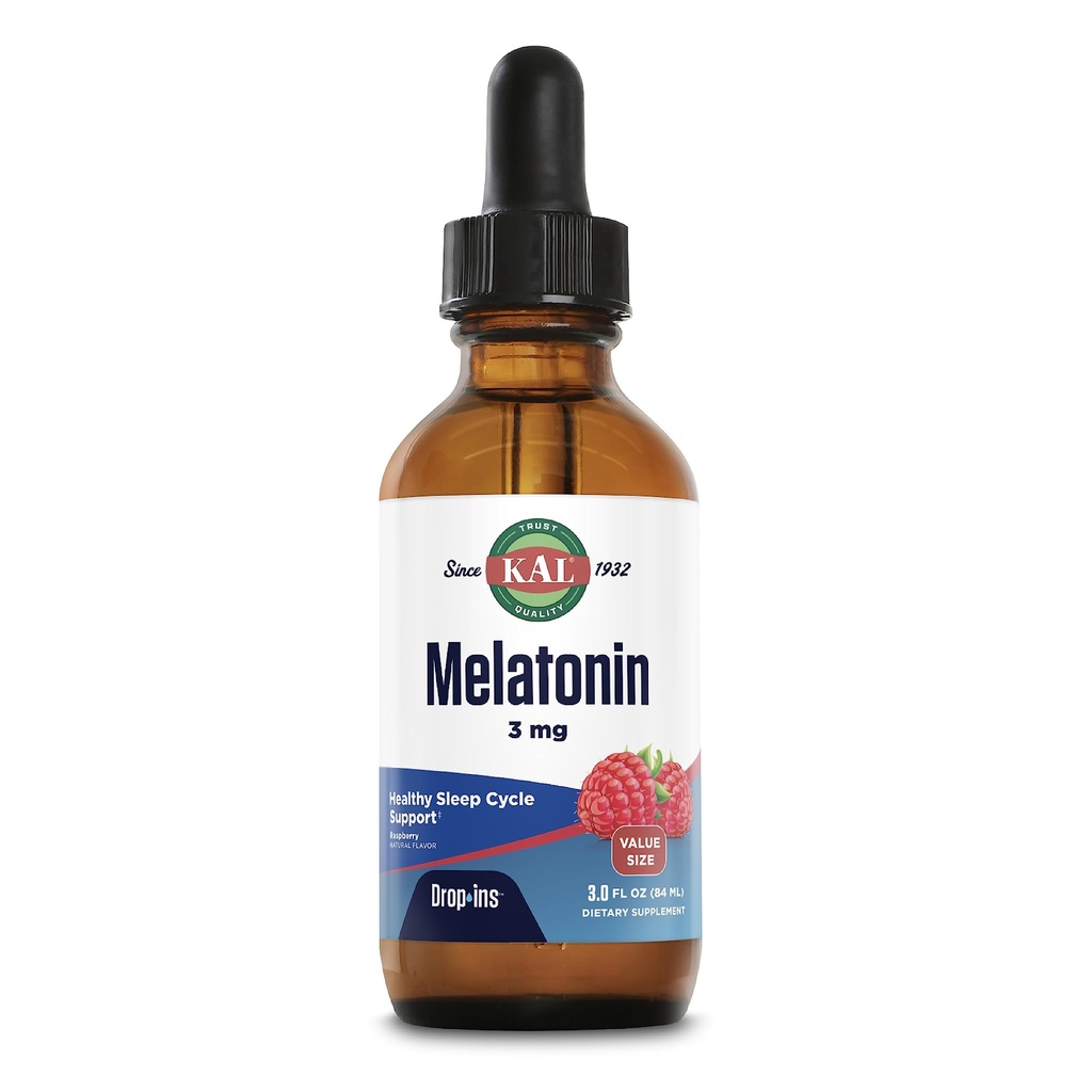 KAL Melatonina 3mg DropIns, szybko działająca pomoc na sen, Melatonina Krople dla relaksacji uspokajającej i zdrowe wsparcie cyklu snu, Naturalny aromat malinowy, 60 dzień gwarancji, około. 88 Służenia, 3 fl oz