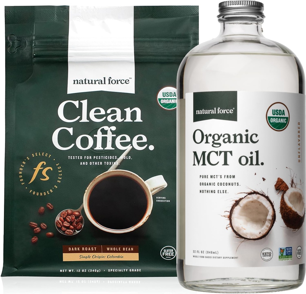 Natural Force Organic Dark Roast Clean Coffee + Organic MCT Oil Bundle - 100% Pure Coconut MCTs & Mold & Mycotoxin Free Coffee - Non-GMO, Keto, Paleo i Vegan - 12 Oz i 32 Oz