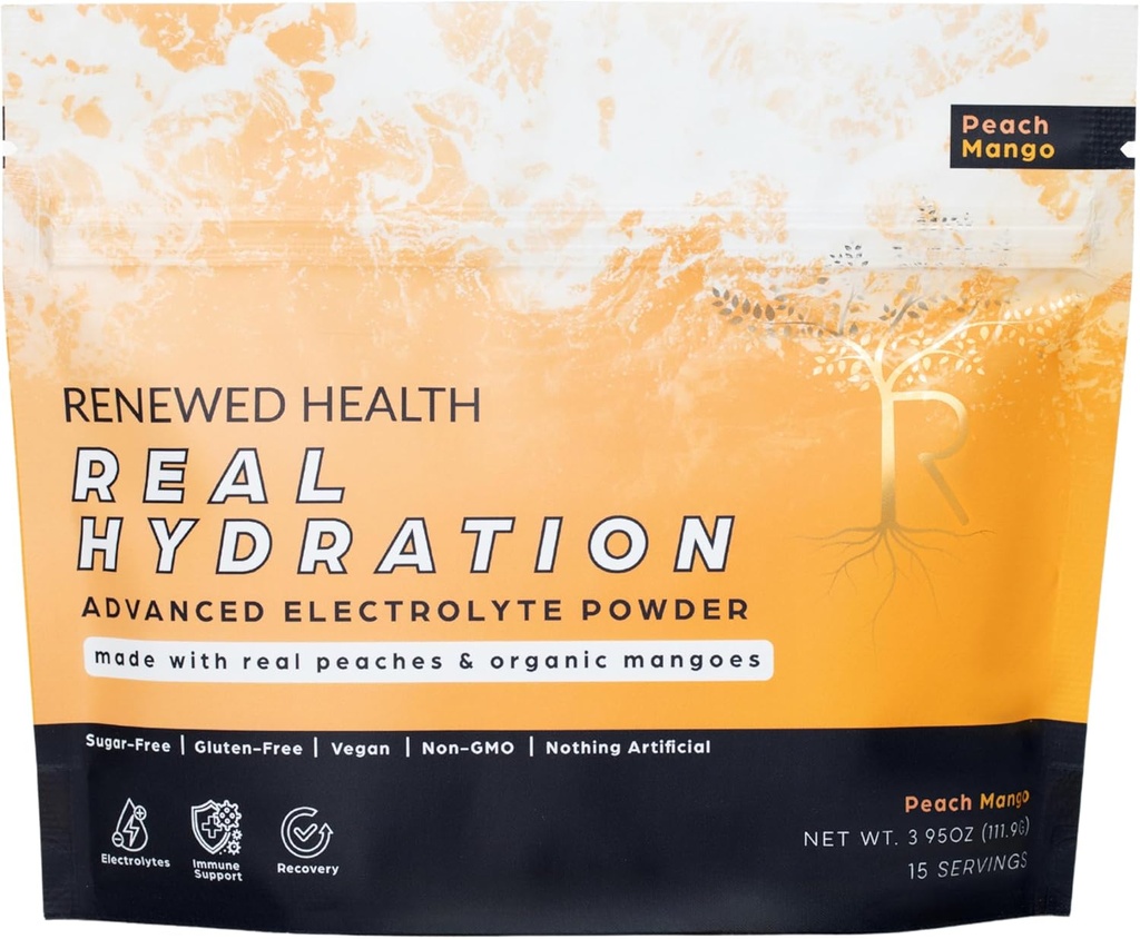 Real Hydration - Organic Fruit- Based Electrolyte Mix - Made with Organic Fruits & Pink Salt - Zero Sugar & Vegan - Hydration, Immune & Recovery Support (15 Słupki, Peach Mango)