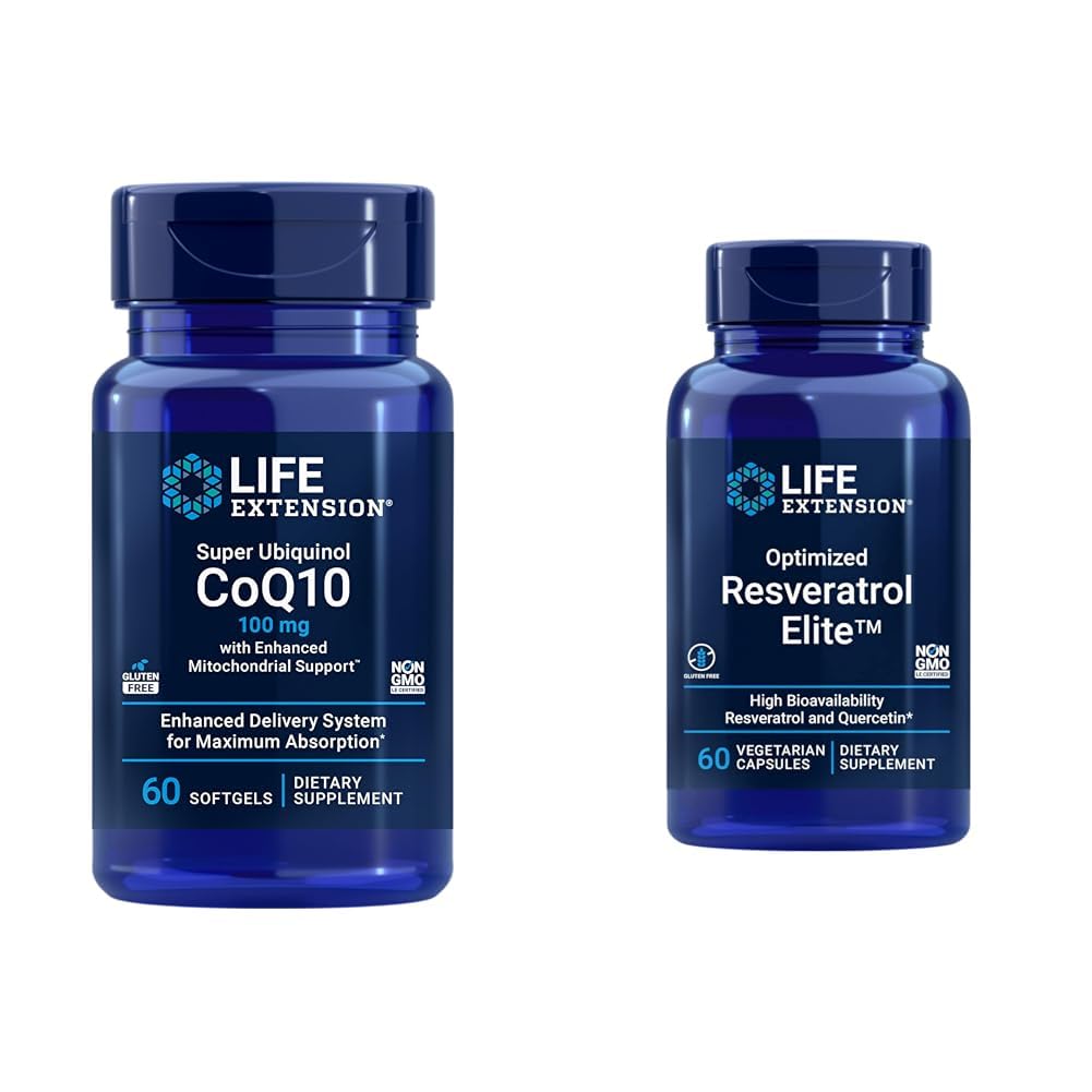 Life Extension Super Ubiquinol CoQ10 60 Softgels i zoptymalizowany Resveratrol Elite 60 Kapsułki wegetariańskie Bundle