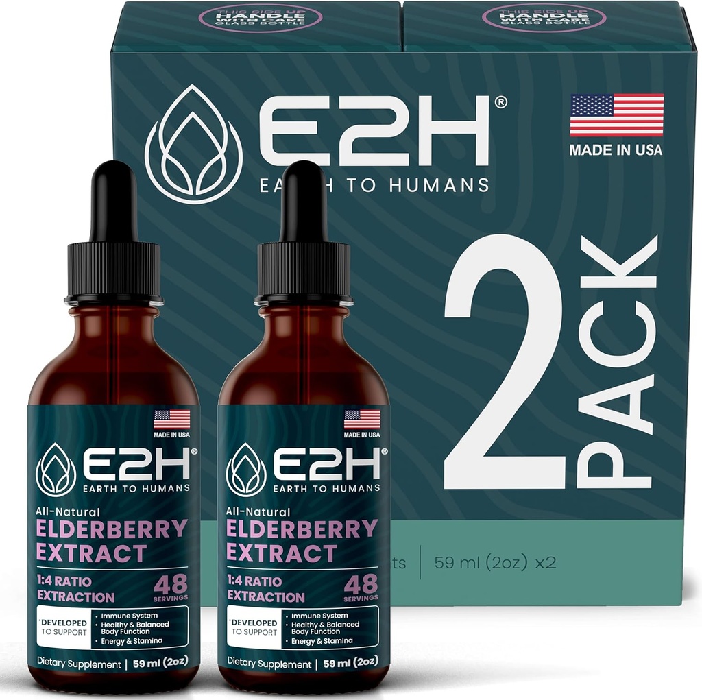 E2H Syrop Elderberry - Powerfull Antioksydants Supplement from Organic Elderberry Extract - Sambucus Elderberry Syrop dla dzieci i dorosłych dla immunologicznego wsparcia 124; Non-GMO, Wegan (2 butelki)