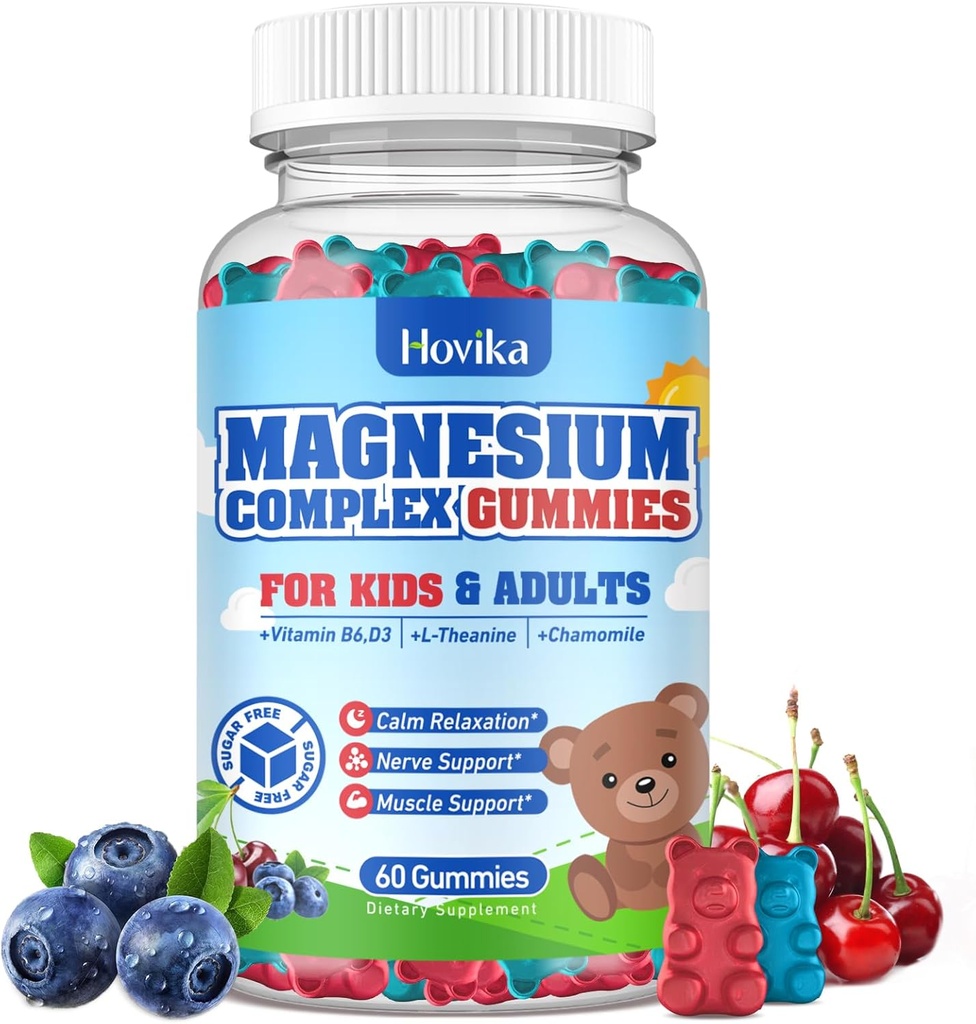 Dzieci Magnezu Gummie - Magnezu Glicynian Cytrate Suplement do żucia z witaminą B6, D3, Kwiat Pasji, L- theanine - Cukier wolny od uspokajania Magnez dla dzieci i dorosłych Sen, Nastrój, Relaks, 60 Pożuć