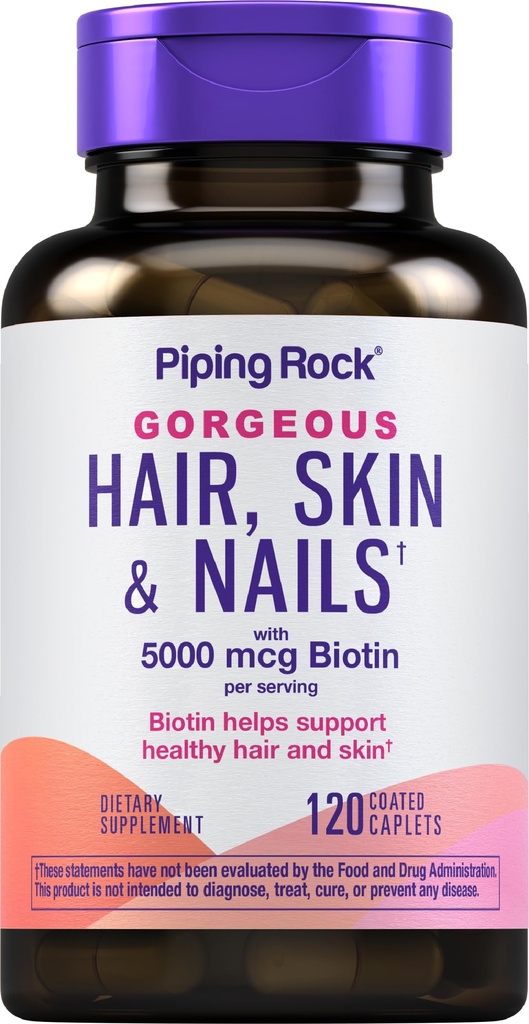 Piping Rock Hair Skin and Nails Witaminy 124; 120 Caplet Pills X124; z Collagen Xion124; 5000 µg Biotin Xion124; Non-GMO, Gluten