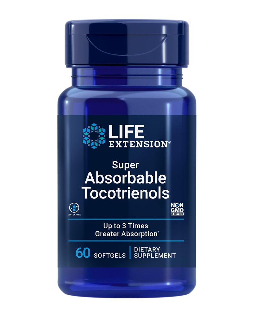 Life Extension Super Tocotrienols Absorbowalne, Witamina E jako D- Alpha tokoferol, Mieszane tocotrienole, Wsparcie wzrostu włosów, Funkcja mózgu, Gluten- Free, Non-GMO, 60 softgels