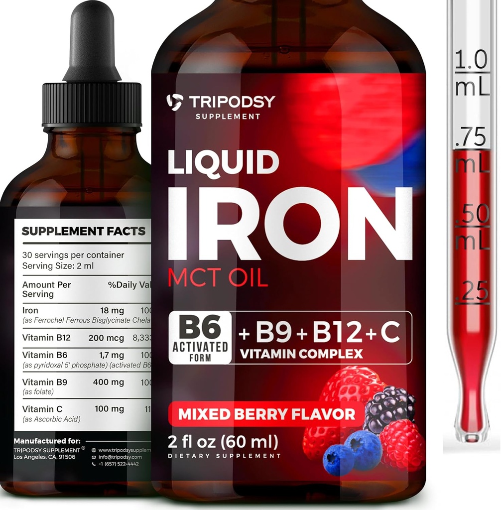 Płynny suplement żelaza dla kobiet i mężczyzn - Żelazo krople z B6, B9, B12, Witamina C dla niedokrwistości, Blood Builder, Folate for Red Blood Cell and Immune Support MCT Oil (2 Fl Oz, Mieszane Berry)