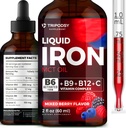 Płynny suplement żelaza dla kobiet i mężczyzn - Żelazo krople z B6, B9, B12, Witamina C dla niedokrwistości, Blood Builder, Folate for Red Blood Cell and Immune Support MCT Oil (2 Fl Oz, Mieszane Berry)