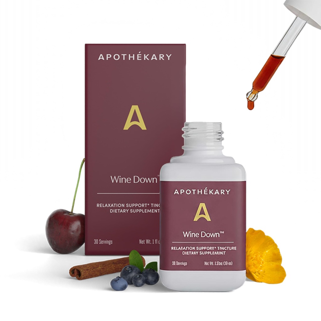 Apothékary Wine Down, Natural Sleep and Relaxation Support, Alcohol-Free Red Wine- Inspired Ziołowe krople płynne, Consists of Blue Vervain, Tart Cherry, i California Poppy, 1 oz, 30 Służenia