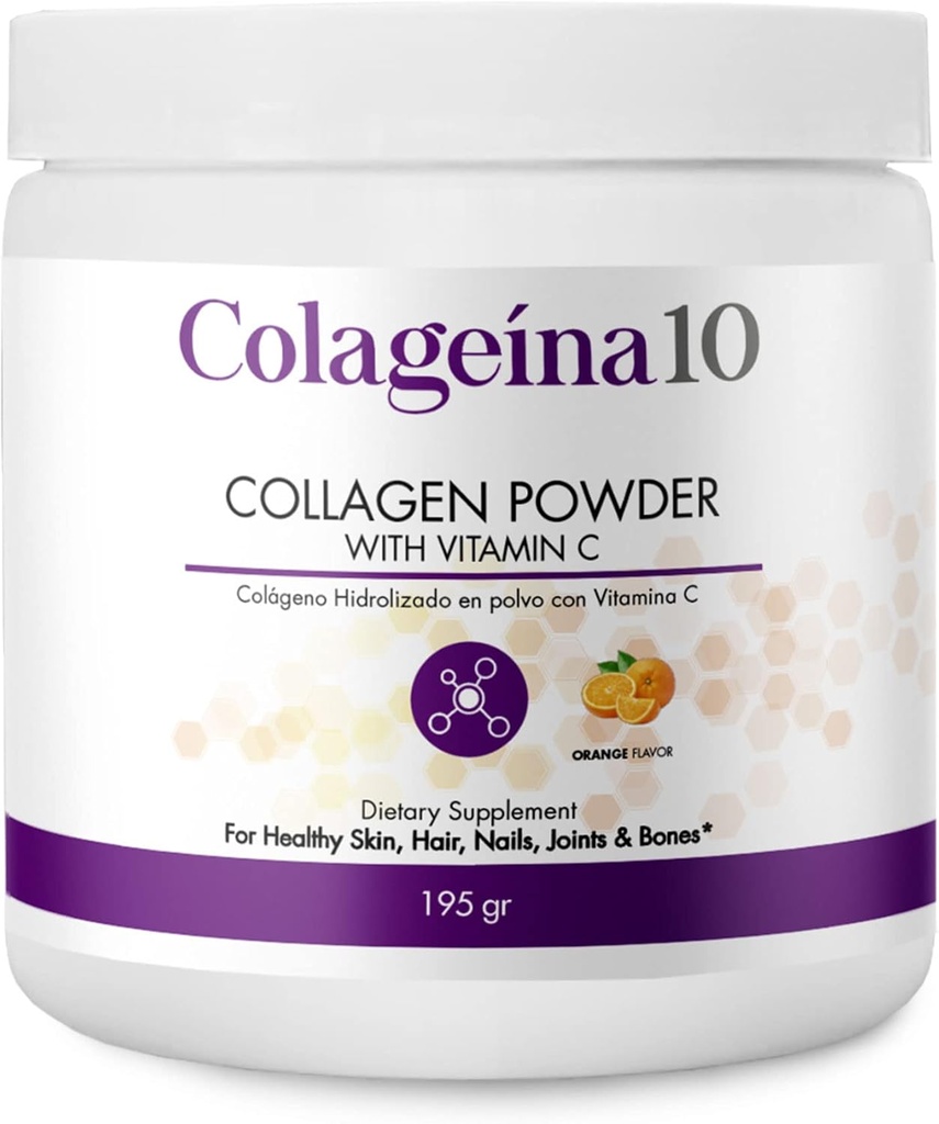 Colageina 10 Zhydrolizowany proszek do kolagenu z witaminą C (195 gr) - Pomarańczowy Flavor - Antystarzejący Suplement diety dla zdrowej skóry, włosów, paznokci, łączników i kości