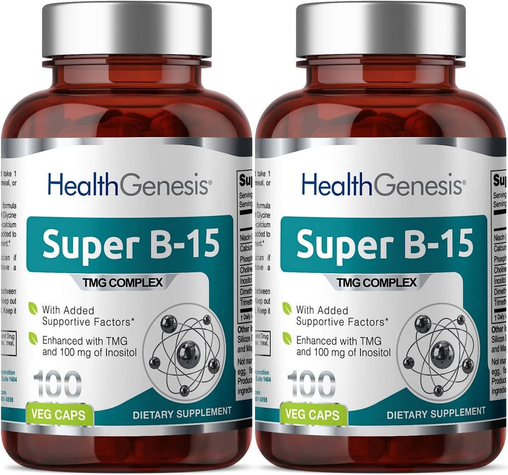 Super B- 15 100 Vcaps 2 Pack - Niacyna Wapnia Cholina Inozytol DMG TMG - Wspiera zdrowe poziomy energii tlenowej