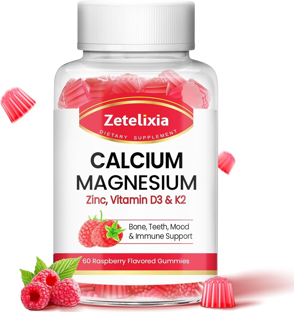 Calcium Magnesium Zinc Gummies with Vitamin D3 & K2, Calcium Gummies for B0nes Muscles, Women & Men, Raspberry Flavor - 60 Count