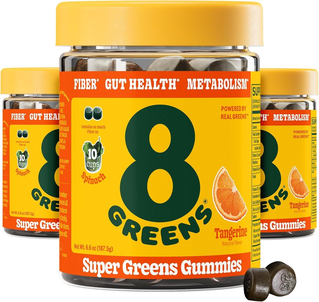 8 Zielonych Codziennie Fiber Super Zielone Gummies - Tangerine Flavor: Boost Immune System & Digestive Health z 8 Prawdziwych Zielonych - Nie GMO Formuła, Chewables, 50 Gummies, Opakowanie z 3