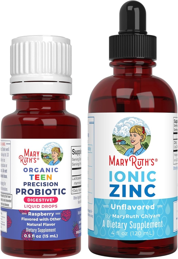 MaryRuth Organics Precision Probiotic for Teens (Malina) & Zinc Drops 124; Clean Label Project Verified ® Bilans 124; Witaminy dla Gut Health, Wsparcie immunologiczne, & Ogólne Wellness 124; Wegan, Non-GMO, Gluten Free