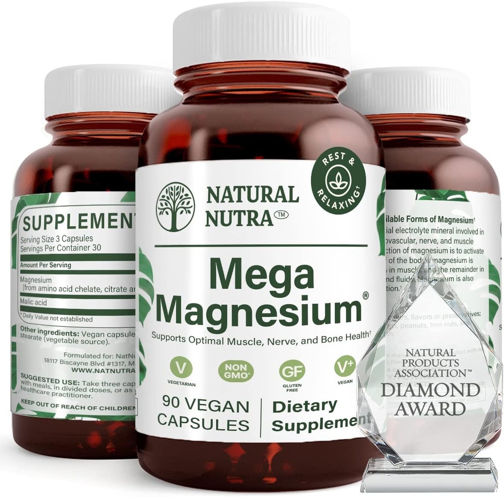 Natural Nutra Mega Magnez 400mg Suplement - Wysoka absorpcja Amino Acid Chelate, Cytrynian, Mieszanka jabłkowa do wzrostu mięśni, Siła kości, Heart Health, Nerve Support - 90 Kapsułek (Opakowanie 2)