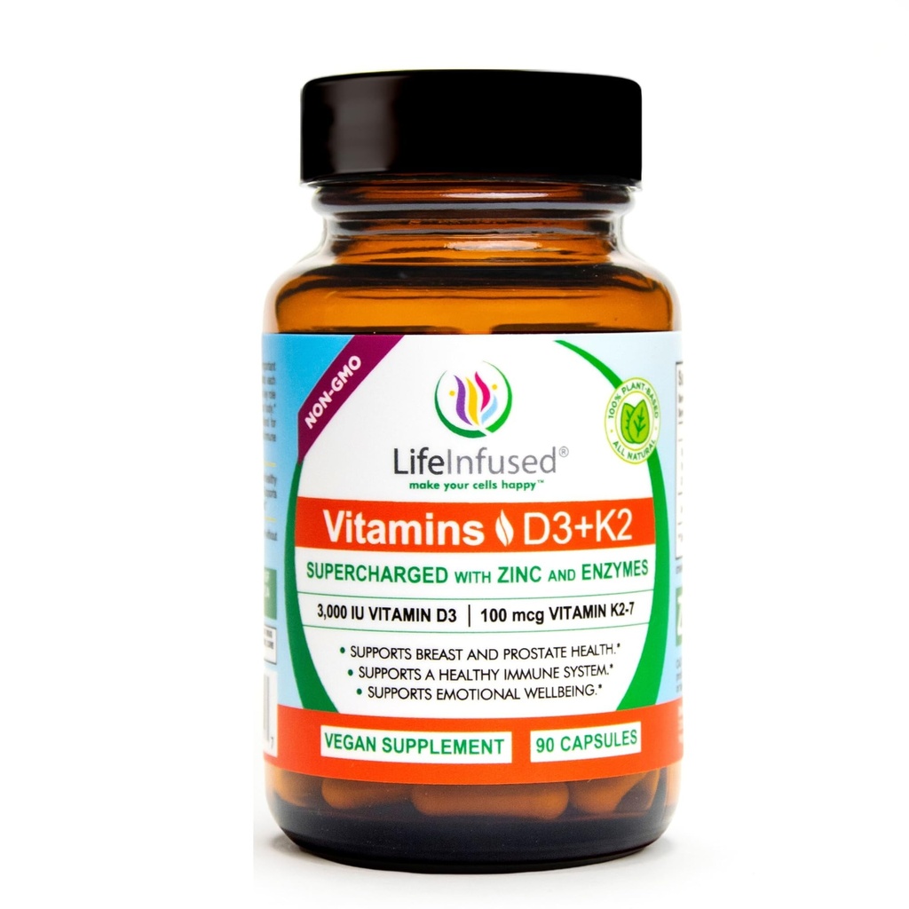 Life Infused Witamina D3 + K2 Supercharge z cynku i enzymów, Pomoc utrzymać zdrowy system immunologiczny, kości zdrowia, Emotional Wellbeing, 90 Kapsułki.