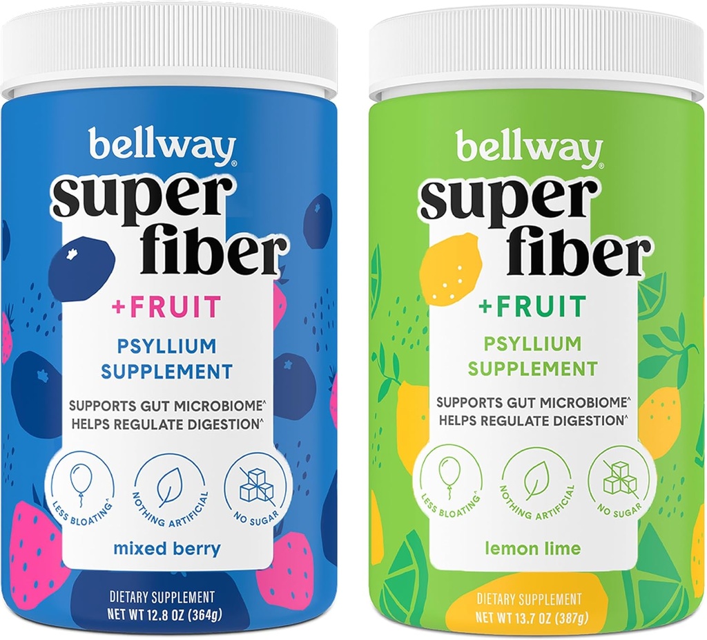 Bellway Super Fiber Proszek + Owoce, Sugar Free Organic Pyllium Husk Proszek Suplement Fiber do Regularności, Bloating Relief & Gut Zdrowie, Non-GMO, Mieszane Berry & Lim cytryny