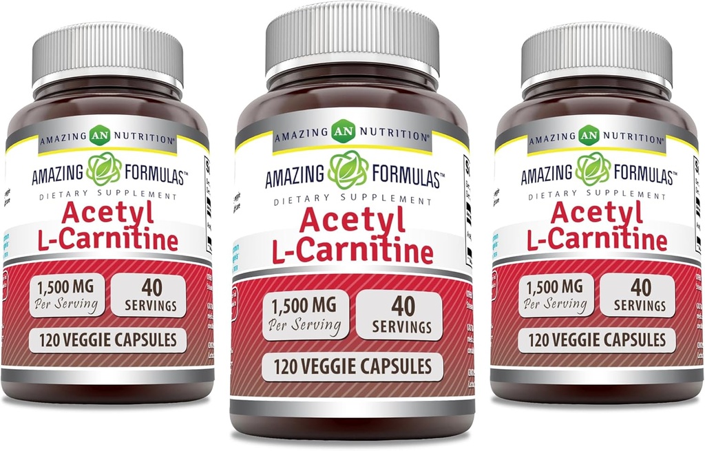 Amazing Supples Acetyl L- Carnitine 1500 Mg Per Serving Veggie Capsules Supplement Equipment 124; Non-GMO Equipment 124; Gluten Free Equipment 124; Made in USA Equipment 124; Nadaje się dla wegetarian (120 Count) Equipment 124; Pack of 3