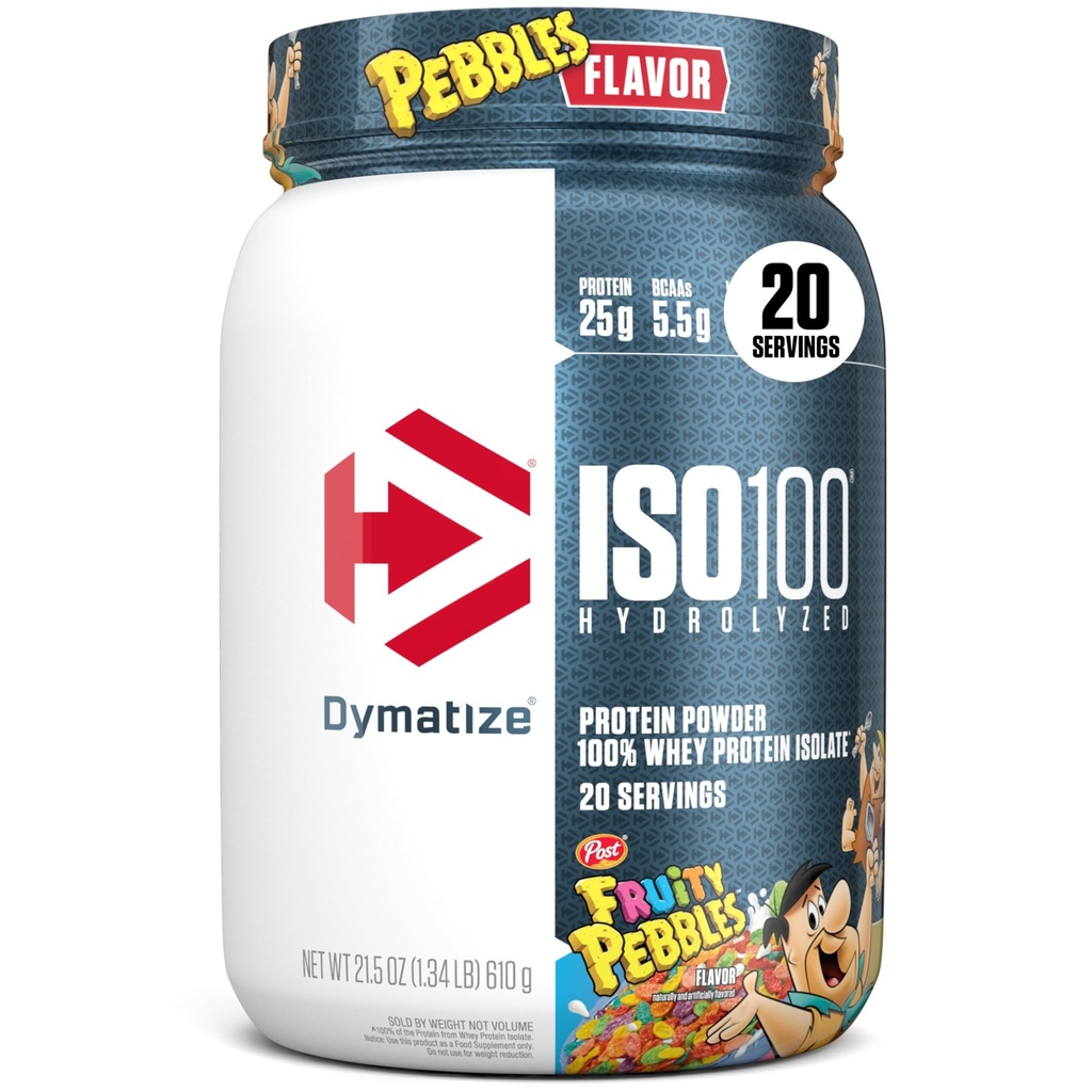 Dymatize x Owoce Pebbles ISO100 Proszek proteiny serwatki Izolat, 25g białka, 20 Służenia, 5,5g BCAA, 120 Cal., Gluten Free, 1g Tłuszcz, 1g Cukier, 2g Carb