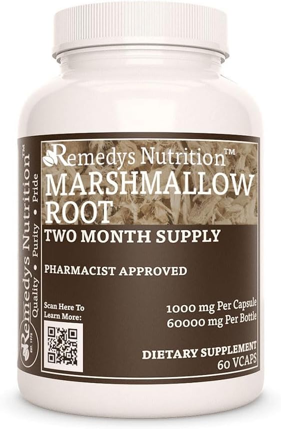 Żywienie Remedy Marshmallow Root 124; 1000 mg, 60 Kapsułek Vegan Herbal Dietetyczny suplement 124; Dwa miesiące dostaw