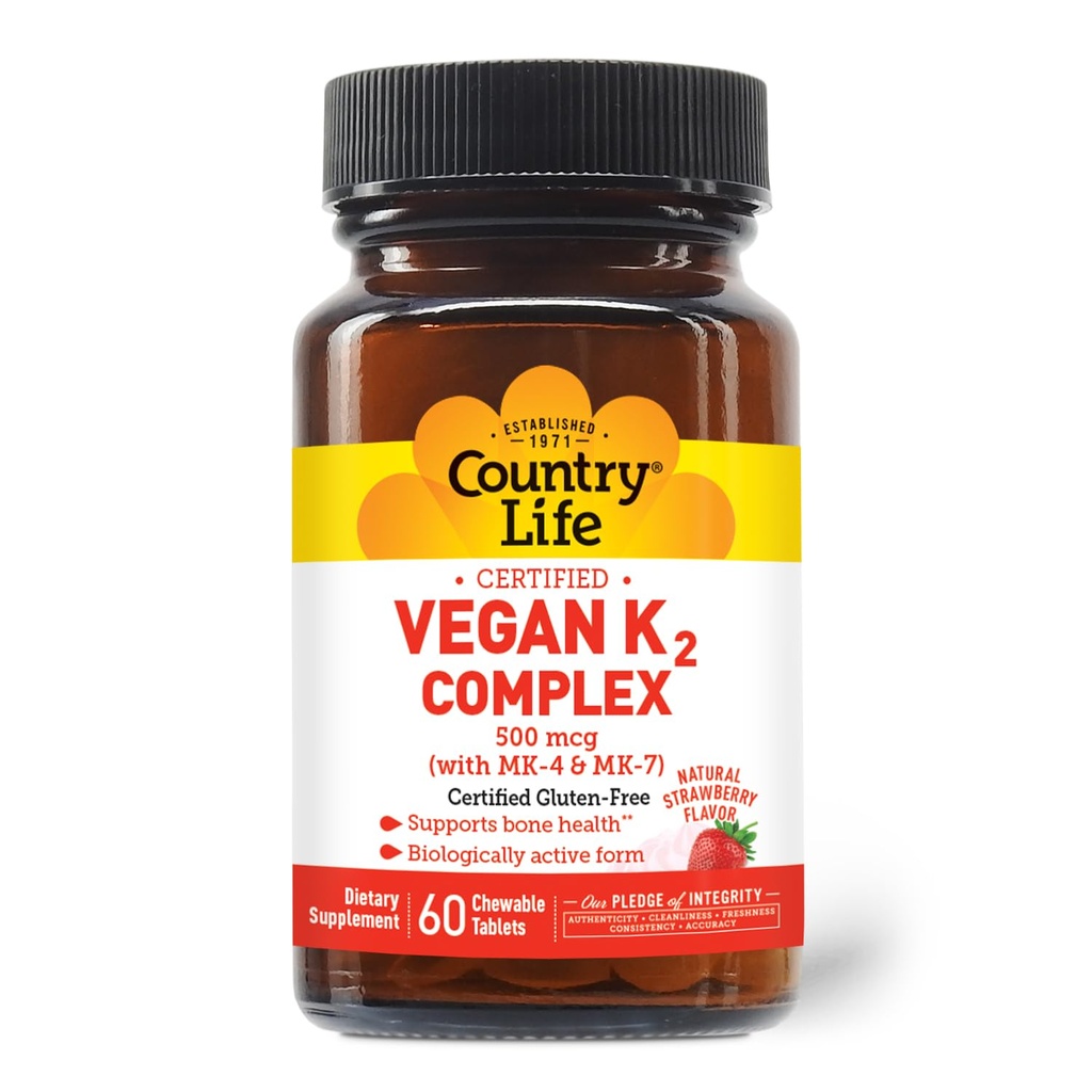 Country Life ® Vegan K2- 500 µg, 60 Ct. Truskawkowy Flavor - Certified gluten Free - Certified Vegan by AVA - Wsparcie zdrowia kości