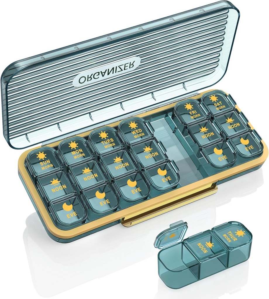 Pill Organizator 3 razy dziennie, 7 dzień Pill Box 3 razy dziennie - Acedada Cotygodniowy Witamina Box Organizator z 7 Oddzielne pojemniki, Portable Daily Medicine Planner Case for witaminy Fish Oil Supplement, Niebieski
