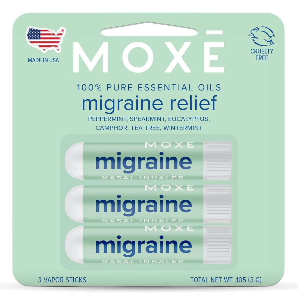 MOXE Migrena Relief Nasal Inhalers, Oleje eteryczne na bóle głowy i odchudzanie, Aromaterapia przenośna, Easy- to- Use, Czysty i nierozcieńczony, mięta pieprzowa, mięta szpikowa, Eukaliptus, Drzewo herbaty, USA Made, 3 Pack
