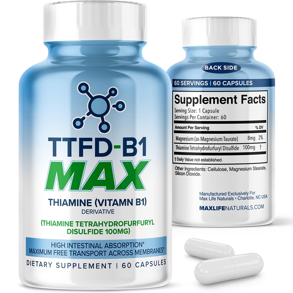 TTFD Tiamina B1 Suplement 60Kapsułki Made in USA- Tiamina TTFD Witamina B1 MAX, Wysokiej mocy suplement dla energii i ostrości, Wspiera zdrowe funkcje Nerwy i ogólne Wellness przez MaxLife Naturals