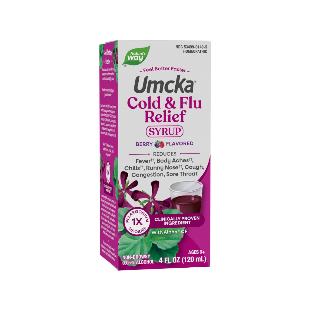Nature 's Way Cold + Flu Relief Syrop, Umcka, Gorączka *, Ból gardła, Kaszel, Zatory, Ciało Aches *, Homeopatia, Fenylephrine Free, 0,05% Alkohol, Berry Flavored, 4 Fl Oz (Opakowania maja Vary)