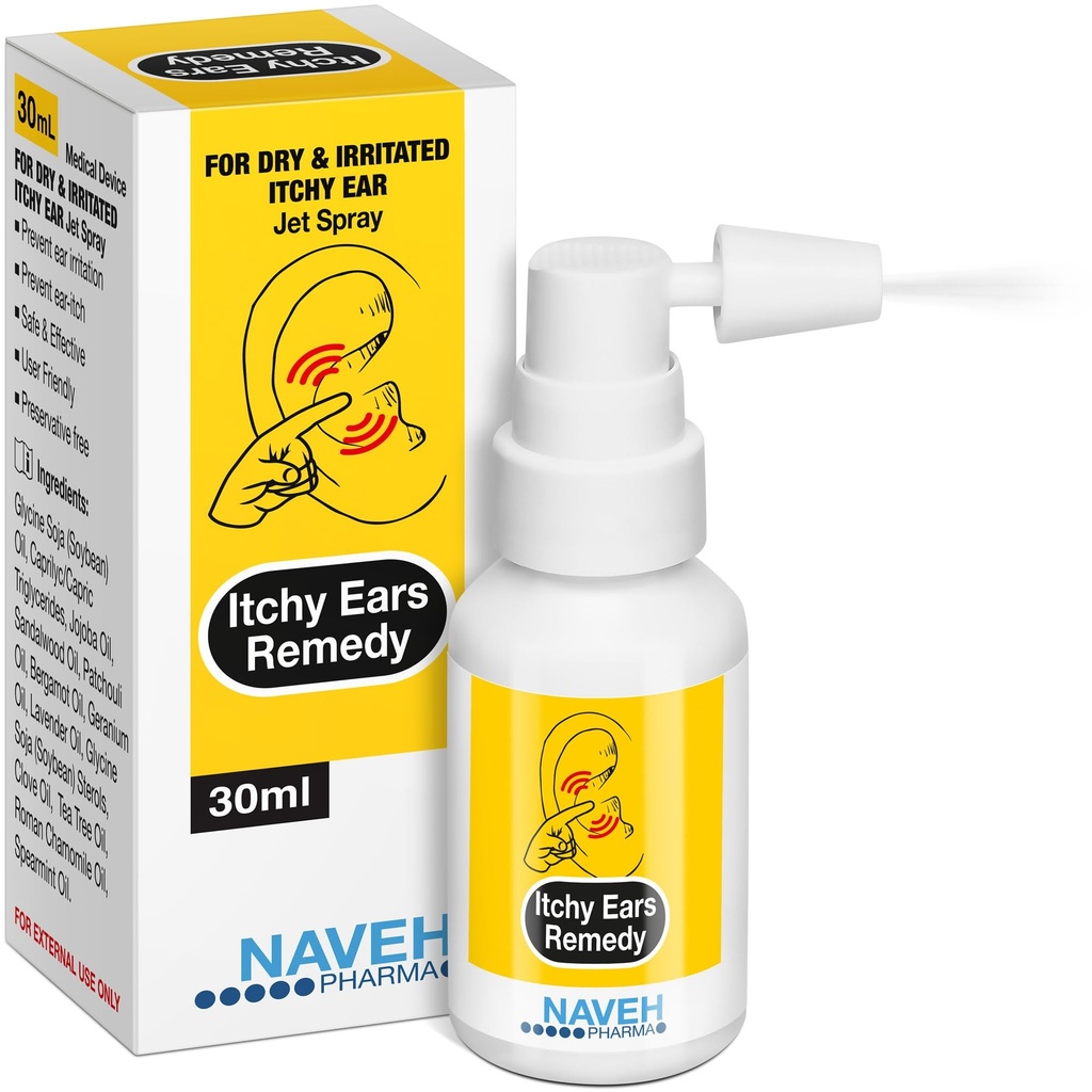 NAVEH PHARMA ® Itchy Ears Remedy: Czyszczenie uszu i Swędzenie Relief 124; Traktuje wszystkie przyczyny swędzenia ucha 124; Jet Ear Spray for Eczema Leczenie i Zatkane Relief ucha 124; Ear Wax Remover & Mycie ucha (1 Fl Oz)