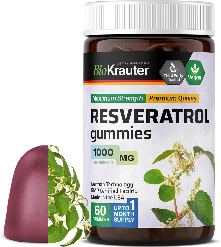 BIO KRAUTER Resveratrol Gummies - 1000 mg Siła - 60 Żaby wegańskie - 98% Czysty Trans Resveratrol Suplement - Wsparcie przeciwutleniające
