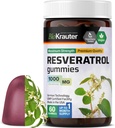 BIO KRAUTER Resveratrol Gummies - 1000 mg Siła - 60 Żaby wegańskie - 98% Czysty Trans Resveratrol Suplement - Wsparcie przeciwutleniające